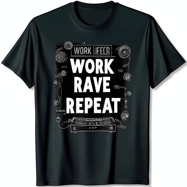 Black DJ Mixer TShirt with WORK FECR WORK RAVE REPEAT Design Music