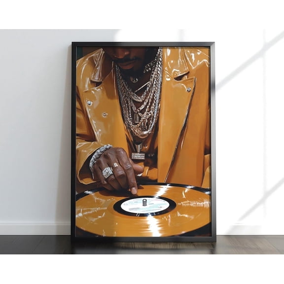 Black DJ Yellow Vinyl Record Wall Art Print, Unframed Paper Poster 8x10in