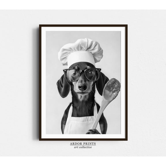 Black Dachshund Chef Wall Art Print With Cooking Dining Kitchen Decor