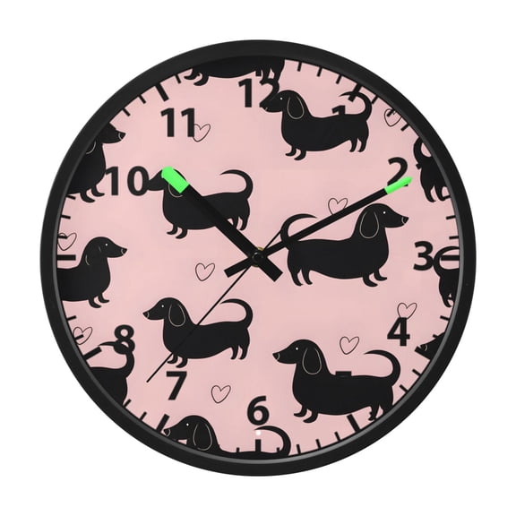 Black Dachshund Dog Pattern Wall Clock 12 Inch Voice Activated Night Light Silent Non Ticking