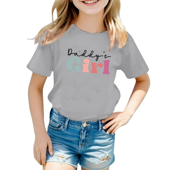 Black "Daddy's Girl" Multicolored Letter Print T-Shirt for Girls - Casual, Round Neck, Short Sleeve