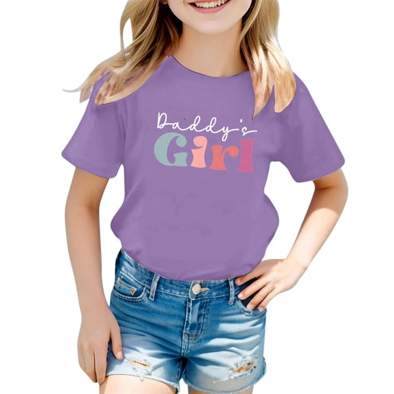 Black "Daddy's Girl" Multicolored Letter Print T-Shirt for Girls - Casual, Round Neck, Short Sleeve