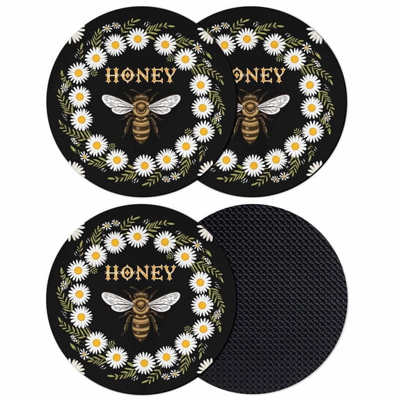 Black Daisy Bees Coasters Set of 4, Absorbent Coasters for Drinks, Spring Farmhouse Honey Floral Rings Coaster for Desk Coffee Table Protection, Home Decor House Warming Gifts 4"