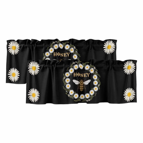 Black Daisy Bees Curtain Valances for Windows, Kitchen Valance Window Treatments Panel 2 Pack, Spring Farmhouse Honey Floral Rings Rod Pocket Short Curtains for Bathroom Bedroom 42 x 12 Inch