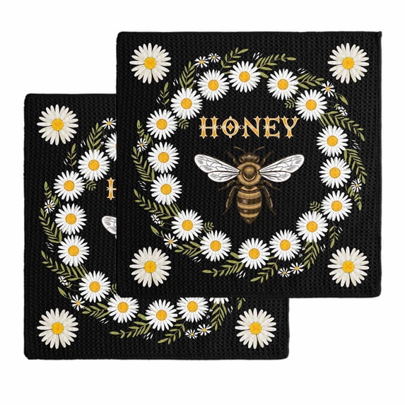 Black Daisy Bees Kitchen Dish Towels for Drying Dishes Set of 2, Spring Farmhouse Honey Floral Rings Waffle Weave Microfiber Hand Tea Bathroom Towels Quick Dry & Absorbent Towel 12x12