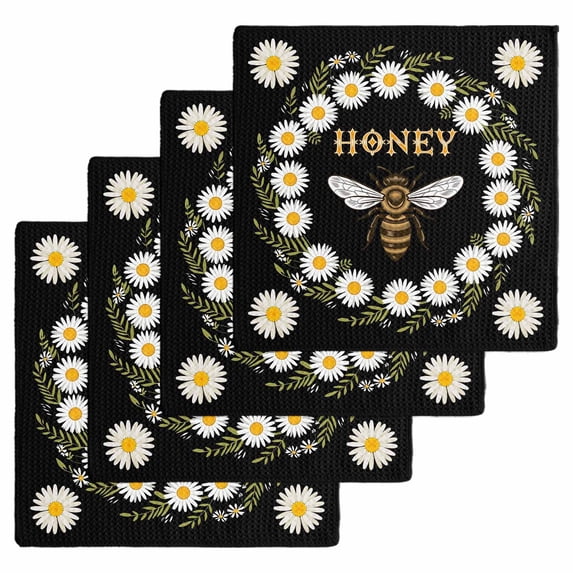 Black Daisy Bees Kitchen Dish Towels for Drying Dishes Set of 4, Spring Farmhouse Honey Floral Rings Waffle Weave Microfiber Hand Tea Bathroom Towels Quick Dry & Absorbent Towel 12x12