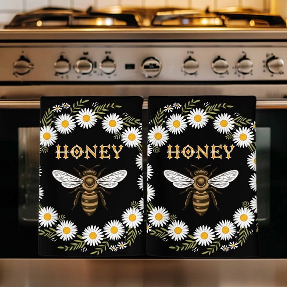 Black Daisy Bees Kitchen Towels Set of 4, Spring Farmhouse Honey Floral Rings Absorbent Dish Towels for Kitchen, Microfiber Hand Towel, Quick Drying Tea Towel for Cleaning Decorative Dishcloths
