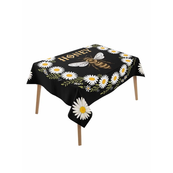 Black Daisy Bees Rectangle Tablecloth, Spring Farmhouse Honey Floral Rings Waterproof & StainResistant Tablecloth, Washable Oil-proof Table Cover for Dining/Party/Wedding/Camping/Buffet 52x70 In