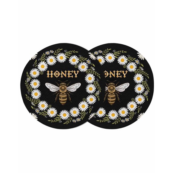 Black Daisy Bees Round 13 Inch Placemats Set of 2, Spring Farmhouse Honey Floral Rings HeatResistant Non Slip Place Mats for Dining Table, Wipeable Braided Kitchen Table Mats for Housewarming
