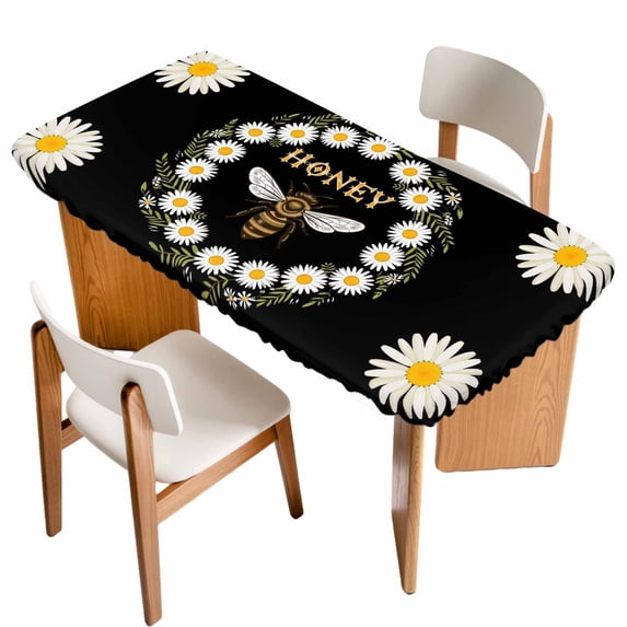 Black Daisy Bees Table Cloths for 6 Foot Rectangle Tables, Spring Farmhouse Honey Floral Rings Patio Waterproof Elastic Fitted Tablecloths, Washable Rectangular Table Cover for Camping