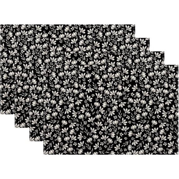 Black Daisy Floral Placemats 12x18 Inch Set of 4, Vintage Flowers Table Place Mat Block Print Linen Washable Table Mats Decorative Linen Fabric Table Mat for Dining Table