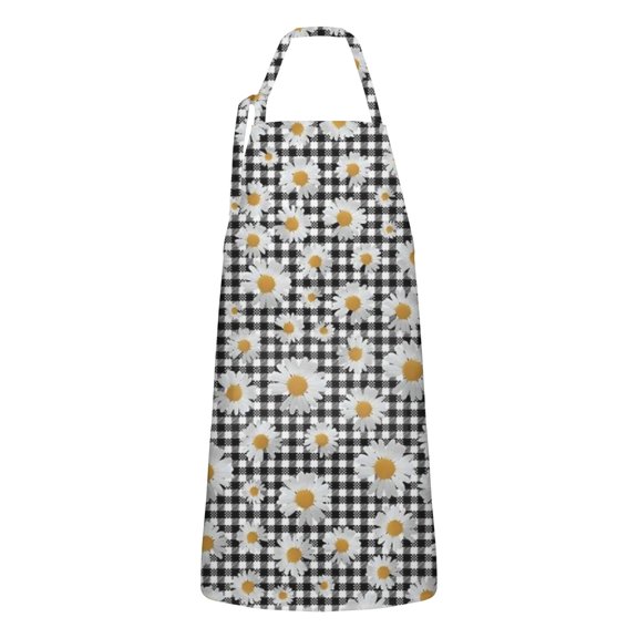 Black Daisy Flower Checkered Pattern Apron-Garden Aprons for Women with Pockets-Cotton Linen Waterproof Kitchen Cooking Gardening Aprons Adjustable for Kitchen,Cooking,BBQ and Salon 33x27 Inch