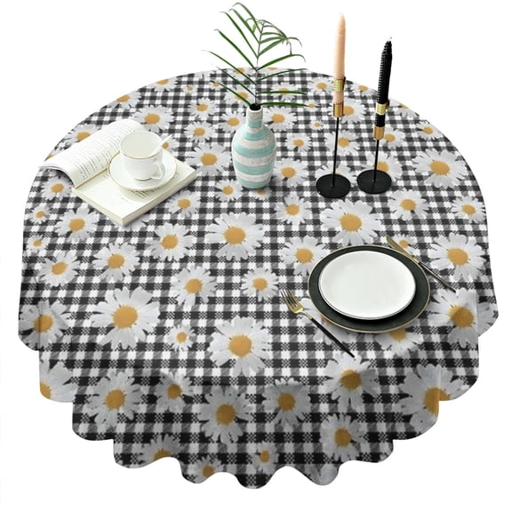 Black Daisy Flower Checkered Pattern Round Tablecloth 60"x60",Wrinkle Wipeable Table Cloth for Kitchen Dining Room Picnic Patio Party