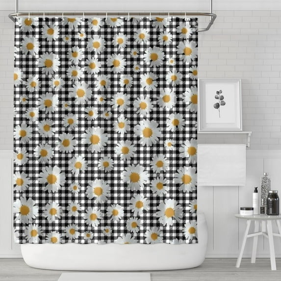 Black Daisy Flower Checkered Pattern Shower Curtain 72"x84" ,Bathroom Decorative Shower Curtains Set with 12 Hooks,Modern Waterproof Washable Shower Curtain