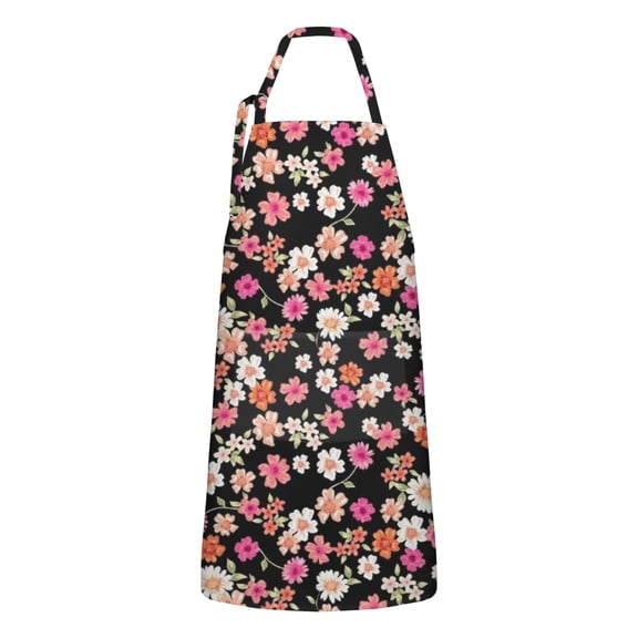 Black Daisy Flower Colorful Blooms Pattern Apron-Garden Aprons for Women with Pockets-Cotton Linen Waterproof Kitchen Cooking Gardening Aprons Adjustable for Kitchen,Cooking,BBQ and Salon 33x27 Inch