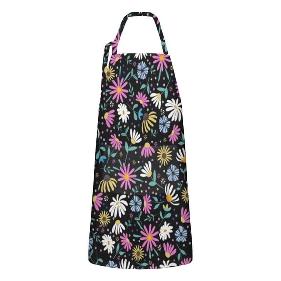 Black Daisy Flower Colorful Blooms Pattern Apron-Garden Aprons for Women with Pockets-Cotton Linen Waterproof Kitchen Cooking Gardening Aprons Adjustable for Kitchen,Cooking,BBQ and Salon 33x27 Inch