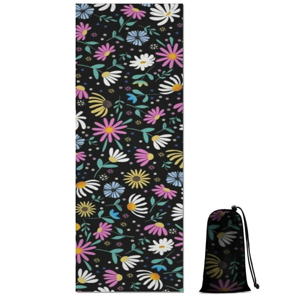 Black Daisy Flower Colorful Blooms Pattern Hot Yoga Mat Towel Non Slip for Hot Yoga - Quick-Drying Yoga Mat Cover with 4 Corner Pockets with Travel Bag - Hot Yoga Towel Non Slip 70"x26"