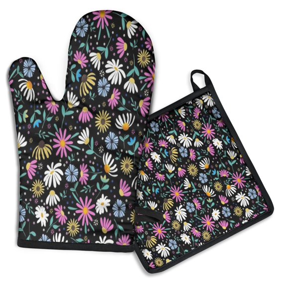 Black Daisy Flower Colorful Blooms Pattern Kitchen Oven Mitt and Pot Holder Sets 2 Pcs for Baking, Cooking and Grilling, Heat Resistant Up To 392 °F
