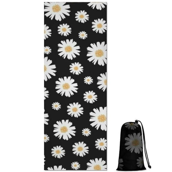 Black Daisy Flower Golden Centers Pattern Hot Yoga Mat Towel Non Slip for Hot Yoga - Quick-Drying Yoga Mat Cover with 4 Corner Pockets with Travel Bag - Hot Yoga Towel Non Slip 74"x26"