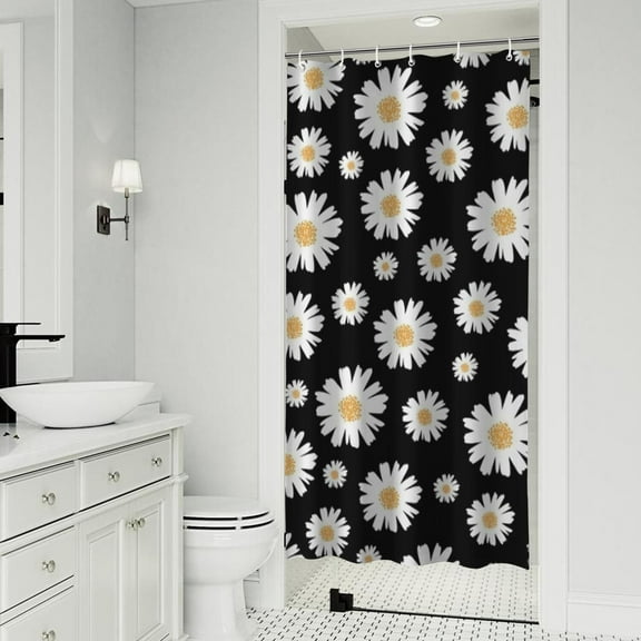 Black Daisy Flower Golden Centers Pattern Shower Curtain 36"x72" ,Bathroom Decorative Shower Curtains Set with 12 Hooks,Modern Waterproof Washable Shower Curtain
