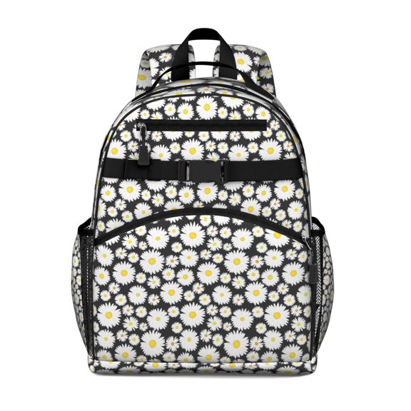 Black Daisy Flower Pattern Backpack for School,Cute School Bag,Schoolbag with Adjustable Shoulder Straps & Padded Back,15.25"x11.5"x5.25"