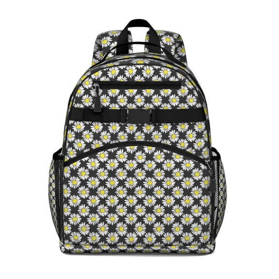 Black Daisy Flower Pattern Backpack for School,Cute School Bag,Schoolbag with Adjustable Shoulder Straps & Padded Back,15.25"x11.5"x5.25"
