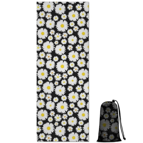 Black Daisy Flower Pattern Hot Yoga Mat Towel Non Slip for Hot Yoga - Quick-Drying Yoga Mat Cover with 4 Corner Pockets with Travel Bag - Hot Yoga Towel Non Slip 74"x26"