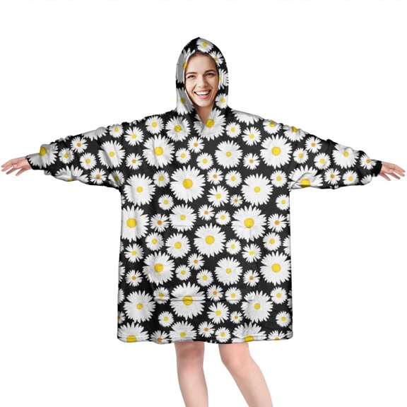 Black Daisy Flower Pattern Wearable Oversized Blanket,Wearable Blanket Hoodie for Adults,Cozy Hooded Blankets with Super Pockets,Super Warm Fuzzy Pullover for Women & Men