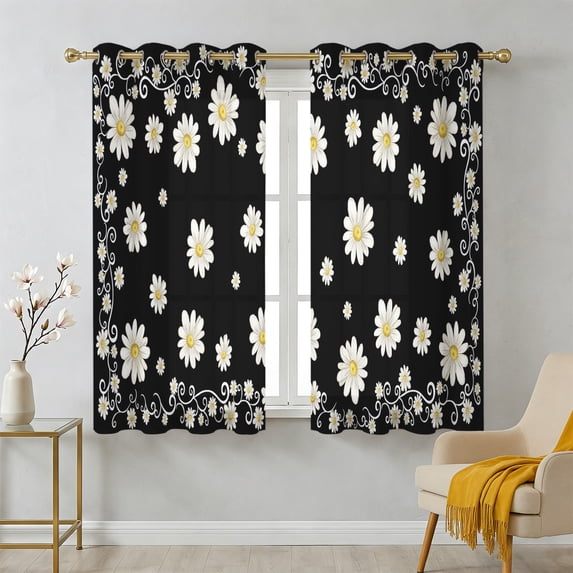 Black Daisy Flower Sheer Curtains 45 Inch Long 2 Panels, Farmhouse ...
