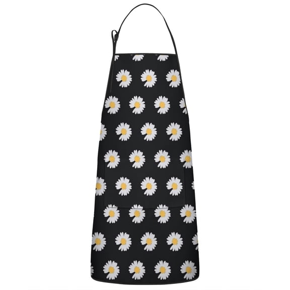 Black Daisy Flower White Blooms Pattern Apron-Garden Aprons for Women with Pockets-Cotton Linen Waterproof Kitchen Cooking Gardening Aprons Adjustable for Kitchen,Cooking,BBQ and Salon 33x27 Inch