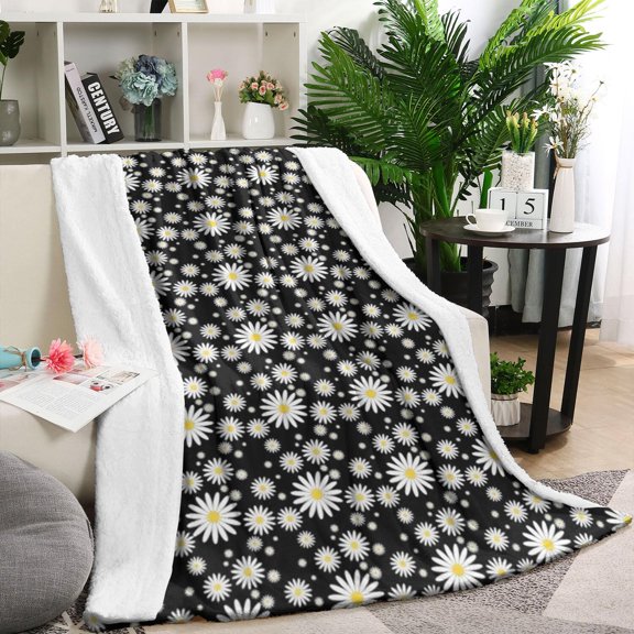 Black Daisy Flower White Blooms Pattern Blanket,Comfortable Soft Flannel Throw Blanket,All Season,Warm Lightweight Blankets for Sofa Bed Couch Living Room Chair,40"x50"