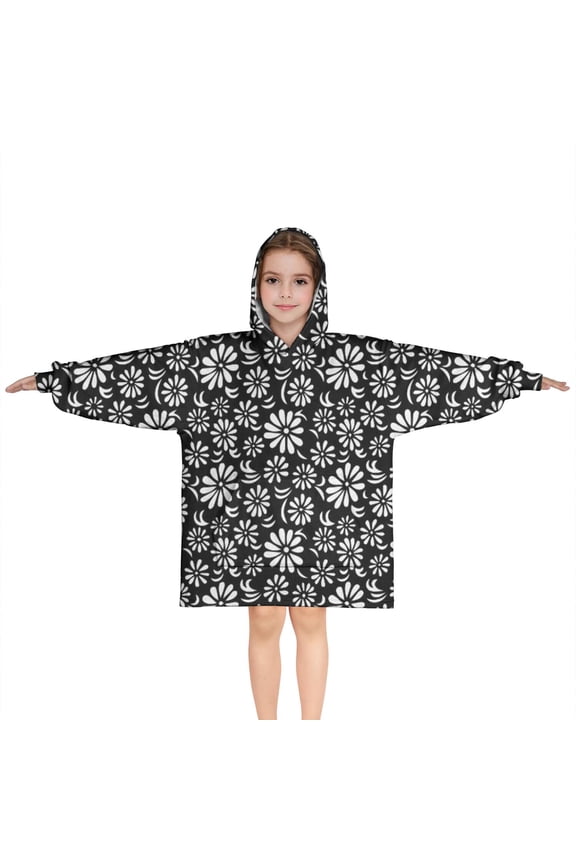 Black Daisy Flower White Blooms Pattern Blanket Hoodies for Kids 6-13YR Oversize Wearable Blanket Hoodies for Boys Girls Teens