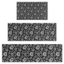 Black Daisy Flower White Blooms Pattern Kitchen Rugs Sets Of 3,Kitchen Runner Rugs Non Skid Washable,Decorative Kitchen Floor Mats for Kitchen,Sink,Laundry,17"x30" 17"x47" 17"x59"