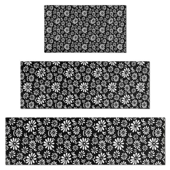 Black Daisy Flower White Blooms Pattern Kitchen Rugs Sets Of 3,Kitchen Runner Rugs Non Skid Washable,Decorative Kitchen Floor Mats for Kitchen,Sink,Laundry,17"x30"+ 17"x47" + 17"x59"