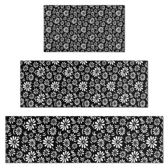Black Daisy Flower White Blooms Pattern Kitchen Rugs Sets Of 3,Kitchen Runner Rugs Non Skid Washable,Decorative Kitchen Floor Mats for Kitchen,Sink,Laundry,17"x30"+ 17"x47" + 17"x59"