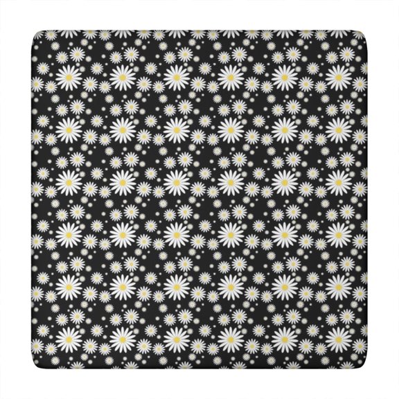 Black Daisy Flower White Blooms Pattern Square Fitted Tablecloth with Elastic Edge,Square Table Cover,Washable Elastic Table Cover for Home Kitchen Party Decor 34"x34"