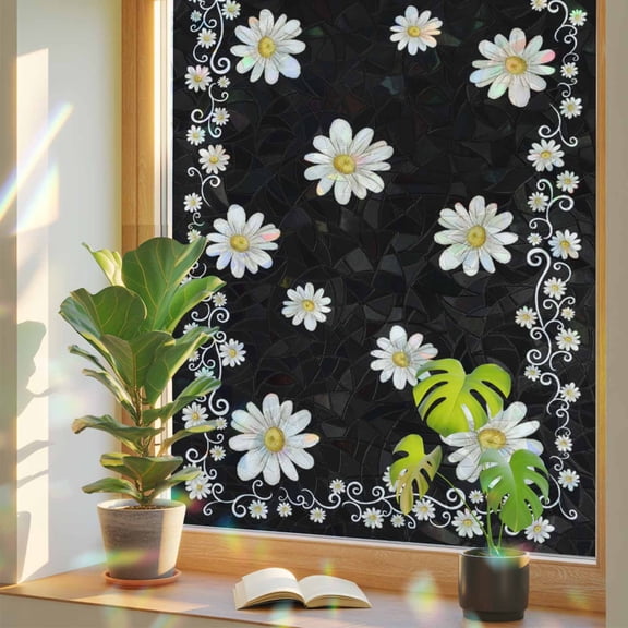 Black Daisy Flower Window Privacy Film, Farmhouse Floral Summer Country Stained Glass Rainbow Film Decorative Window Clings, Static Cling Sun Blocking Stickers 19.6" x 39.3"