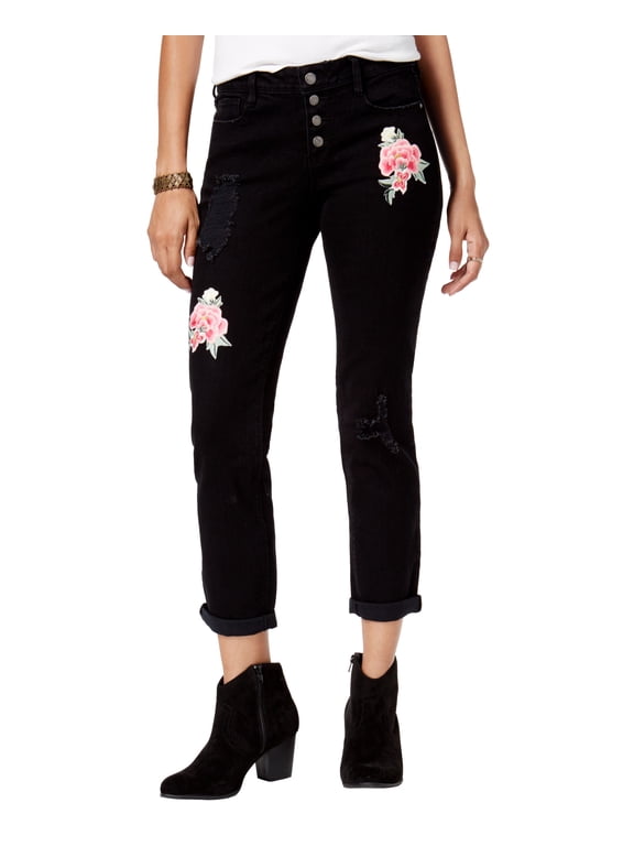 Jamie Ripped Embroidered Relaxed Fit Girlfriend Jeans Black 1