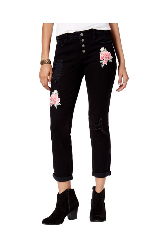 Jamie Ripped Embroidered Relaxed Fit Girlfriend Jeans  Black 1