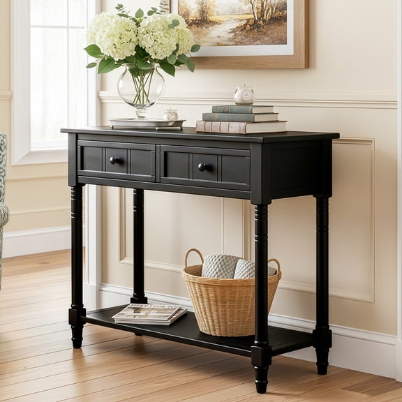 Black Daisy Series Console Table, Traditional Pine Wood Entryway Table with 2 Drawers & Bottom Shelf, Carved Design for Living Room Dining Room Study