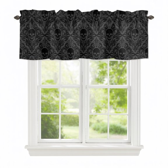 Black Damascus Skeleton Window Valance Curtain Modern Abstract Flowers Pattern Rod Pocket Valance for Windows Short Curtain for Living Room, Bedroom & Kitchen Window Decor 42x12in