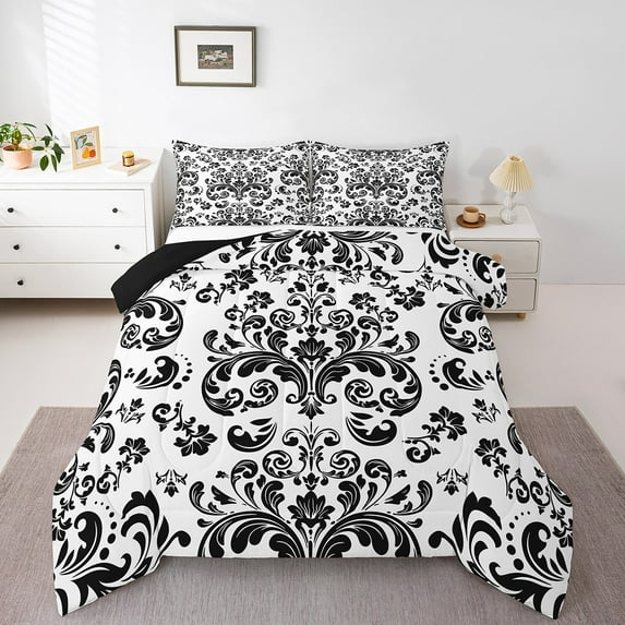 Black Damask Floral Bedding Comforter Sets Twin Bohemian Black White Gothic Comforter Set Goth Exotic Boho Bedding Set Adults Men Retro Victorian Baroque Flower Bed Set 2 Pcs