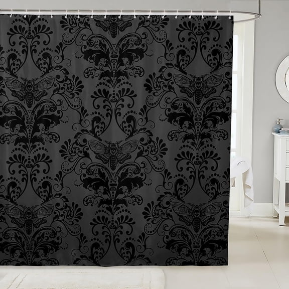 Black Damask Shower Curtain Gothic Shower Curtains for Bathroom 72" Wx72,Antique Victorian Baroque Vintage Floral Bath Curtain Moth Bathroom Decor,Gothic Bone Skeleton Bohemian Decor,Grey