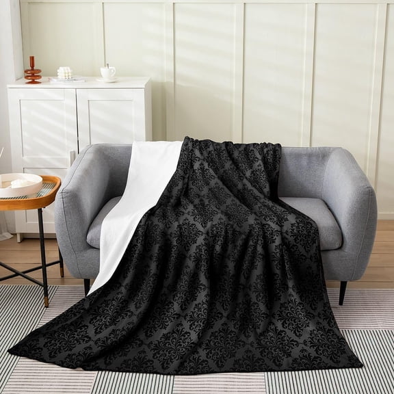 Black Damask Throw Blanket for Couch Sofa Bed Fleece Fuzzy Warm Soft Lightweight Blanket