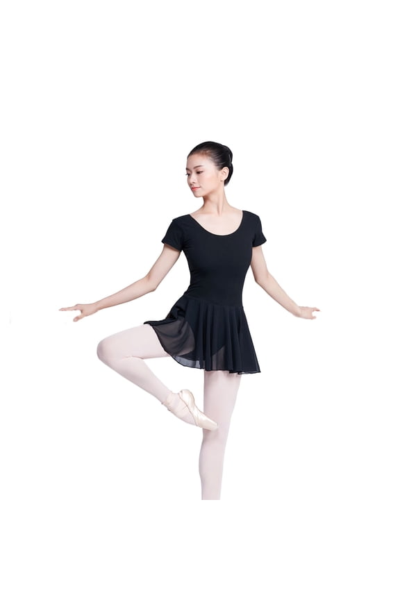 Black Stretchable Breathable Ballet Leotard with Chiffon Skirt Women Dance Recital