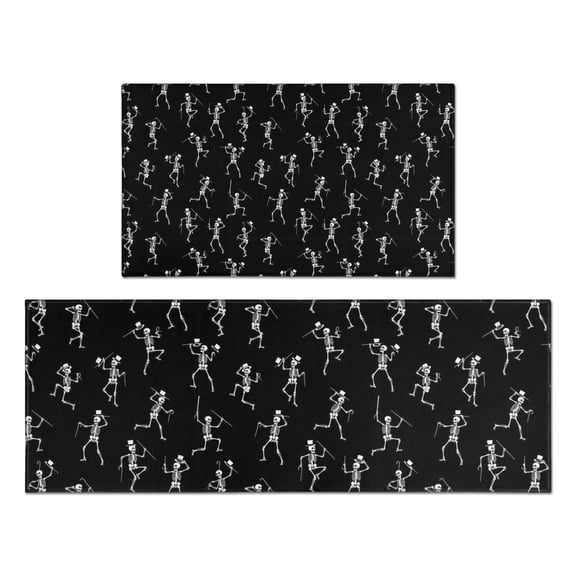 Black Dancing Skeleton Pattern Kitchen Rugs Sets Of 2,Anti Fatigue Kitchen Mat Rugs Non Slip Washable,Decorative Kitchen Floor Mats for Kitchen,Sink,Laundry,17"x30"+17"x47"