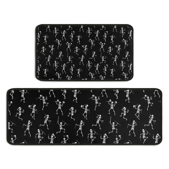 Black Dancing Skeleton Pattern Kitchen Rugs Sets Of 2,Anti Fatigue Kitchen Mat Rugs Non Slip Washable,Decorative Kitchen Floor Mats for Kitchen,Sink,Laundry,17"X30"+17"X47"