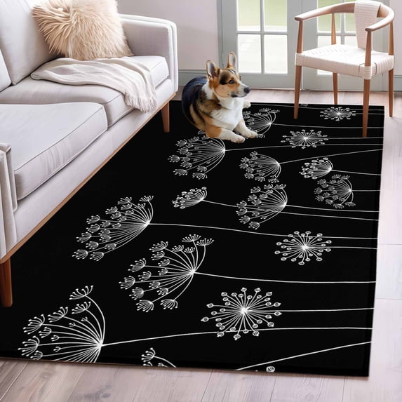 Black Dandelion Area Rug 4x6 Washable Rug Non Slip Spring Modern Minimalist Country Flower Large Area Rug Indoor Floor Carpet for Entryway Bedroom Kitchen Living Room Home Office Dining Room Nursery