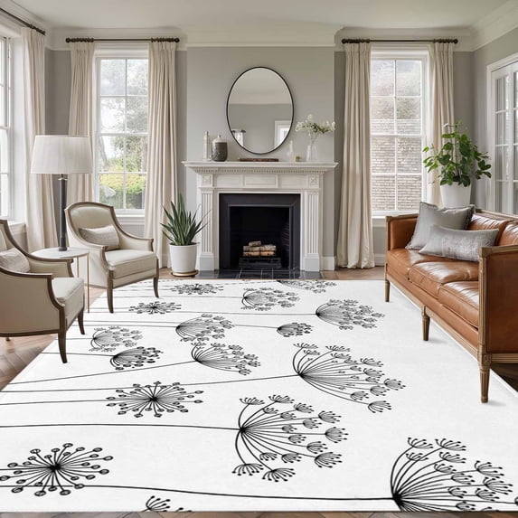 Black Dandelion Area Rugs 5'x7', Washable Small Throw Rugs for Laundry Room Playroom, Spring Country Modern Minimalist Flower Indoor Outdoor Rug Non-Slip Low Pile Carpet Runner Reversible Floor Mats