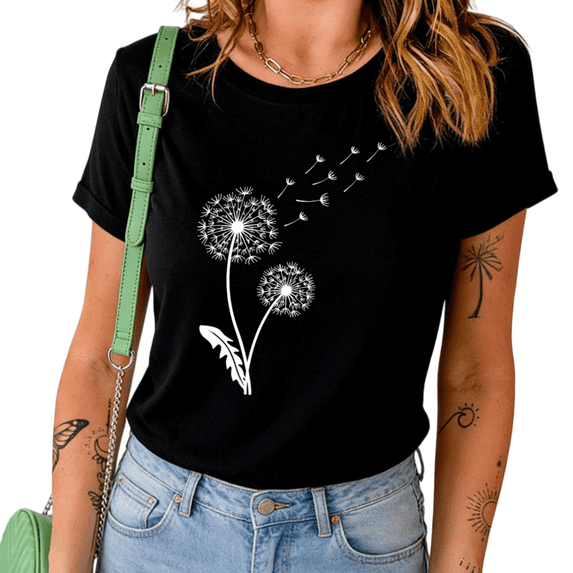 Black Dandelion Blowing Seeds Floral Nature Graphic Print Tshirt Graphic Tees Shirts Boho Minimalist Casual Tops S-5XL
